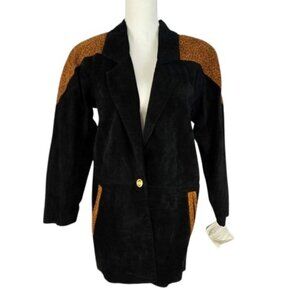 Women’s Suede Jacket Leopard Trim Lapel Collar Size S